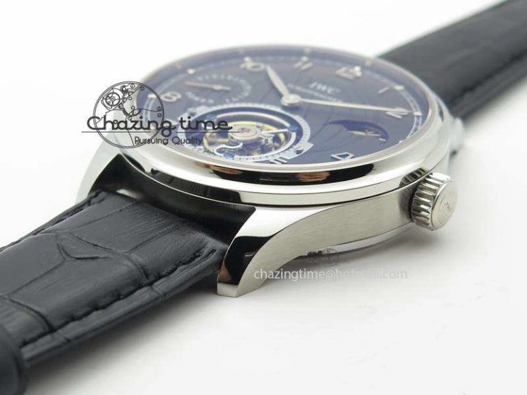 Compact Portuguese Tourbillon Power Reserve Moonphase SS Black Dial On Black Leather Strap 7321