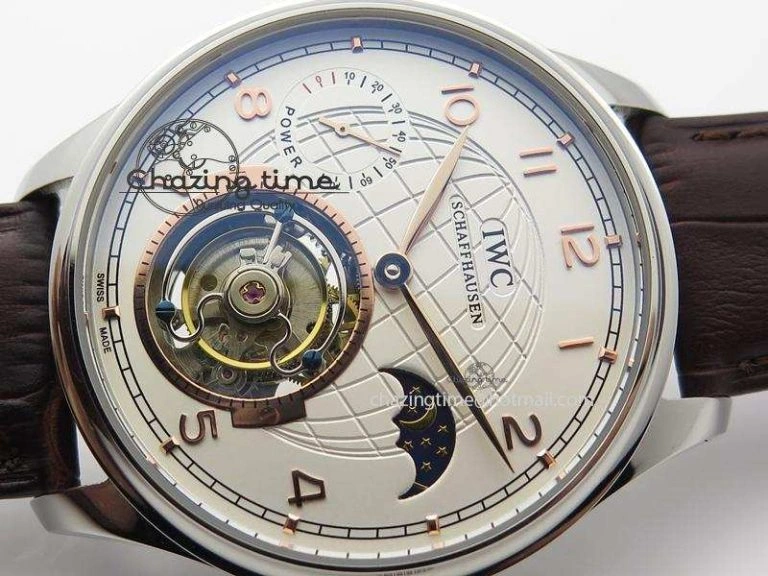 Portuguese Tourbillon Power Reserve Moonphase SS White Dial Gold Numbers On Black Leather Strap FreshLook 7319