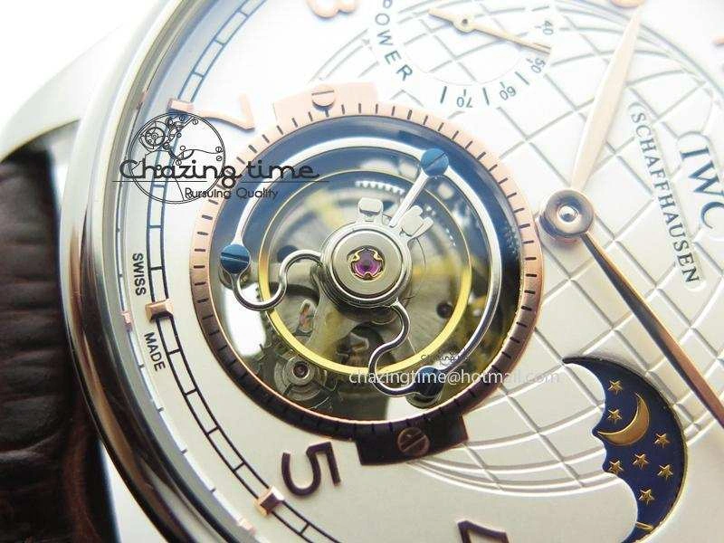 Portuguese Tourbillon Power Reserve Moonphase SS White Dial Gold Numbers On Black Leather Strap FreshLook 7319