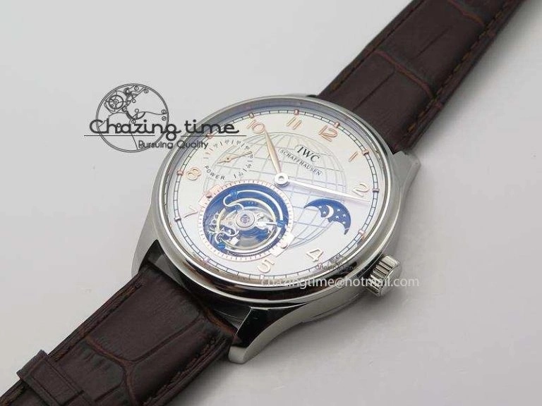 Portuguese Tourbillon Power Reserve Moonphase SS White Dial Gold Numbers On Black Leather Strap FreshLook 7319