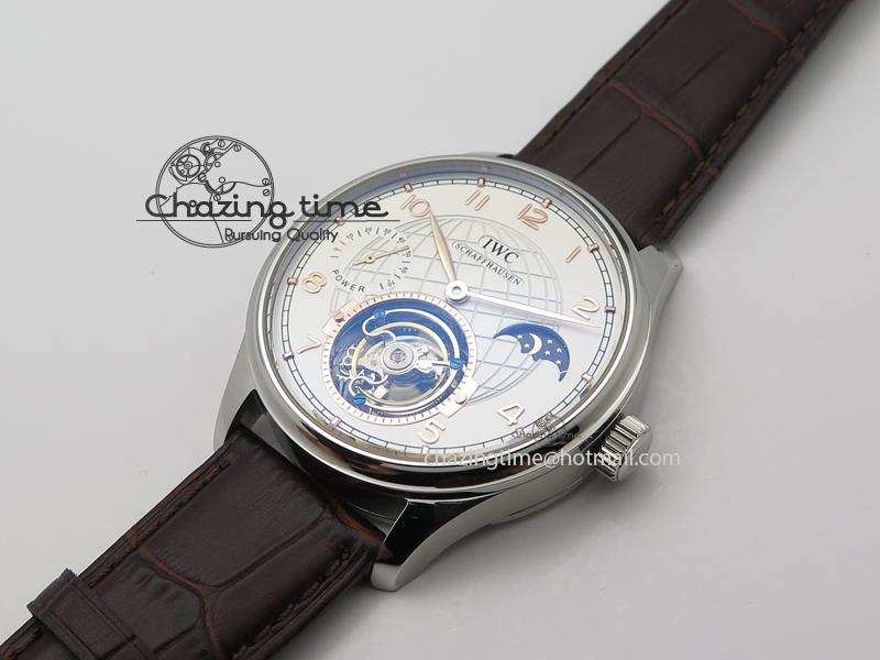 Portuguese Tourbillon Power Reserve Moonphase SS White Dial Gold Numbers On Black Leather Strap FreshLook 7319