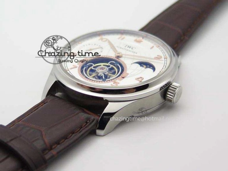 Portuguese Tourbillon Power Reserve Moonphase SS White Dial Gold Numbers On Black Leather Strap FreshLook 7319