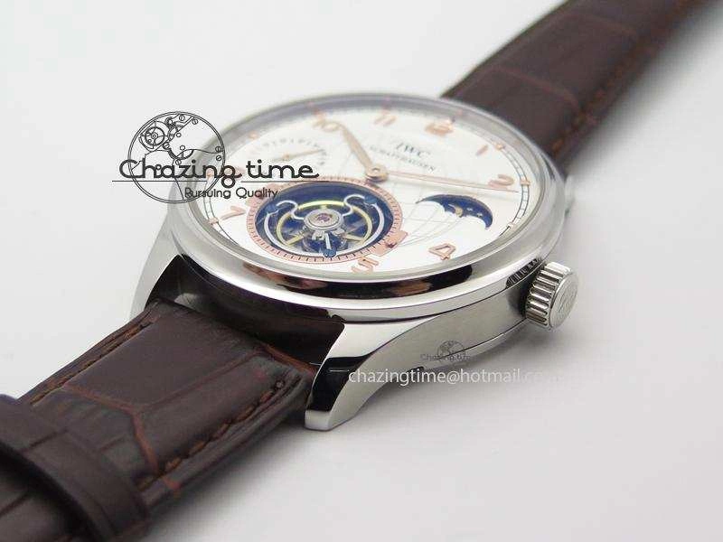 Portuguese Tourbillon Power Reserve Moonphase SS White Dial Gold Numbers On Black Leather Strap FreshLook 7319