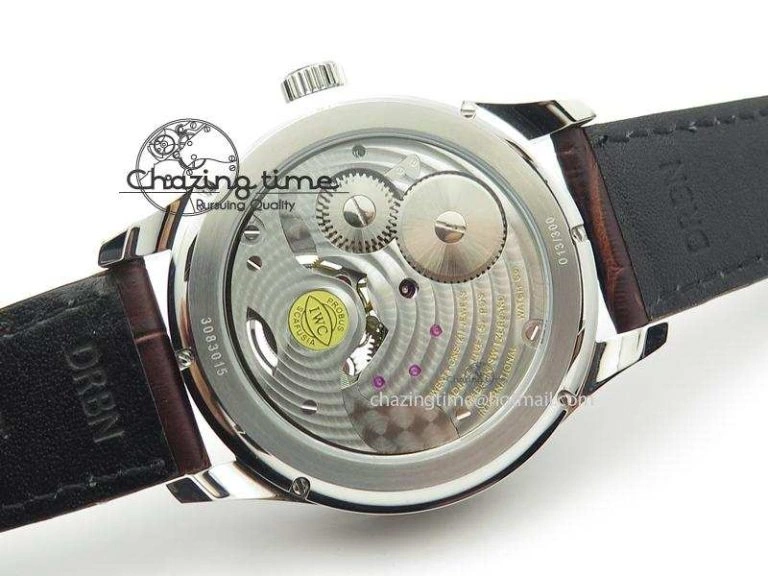 Portuguese Tourbillon Power Reserve Moonphase SS White Dial Gold Numbers On Black Leather Strap FreshLook 7319