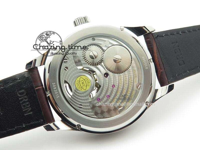 Portuguese Tourbillon Power Reserve Moonphase SS White Dial Gold Numbers On Black Leather Strap FreshLook 7319
