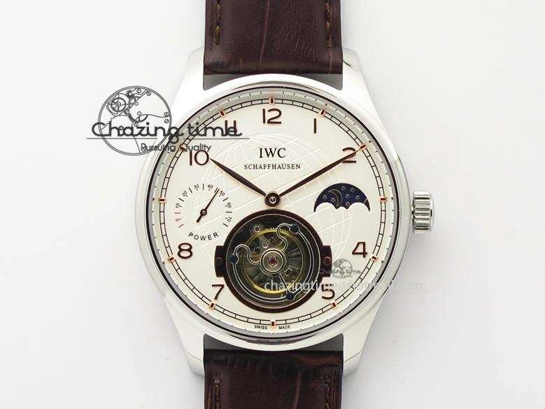 Portuguese Tourbillon Power Reserve Moonphase SS White Dial Gold Numbers On Black Leather Strap FreshLook 7319