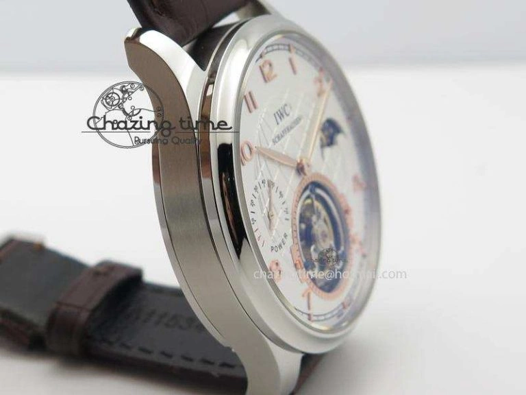 Portuguese Tourbillon Power Reserve Moonphase SS White Dial Gold Numbers On Black Leather Strap FreshLook 7319