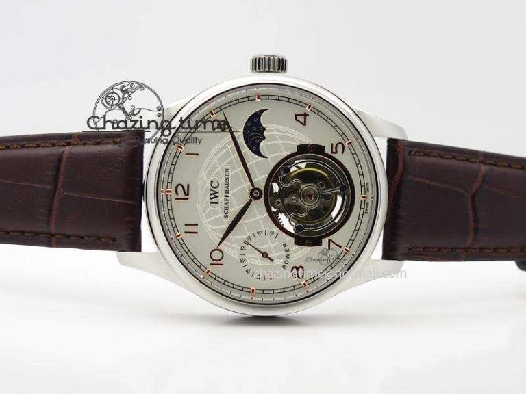 Portuguese Tourbillon Power Reserve Moonphase SS White Dial Gold Numbers On Black Leather Strap FreshLook 7319
