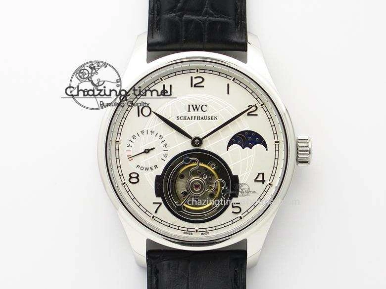 Portuguese Tourbillon Power Reserve Moonphase SS White Dial On Black Leather Strap Colorful 7318