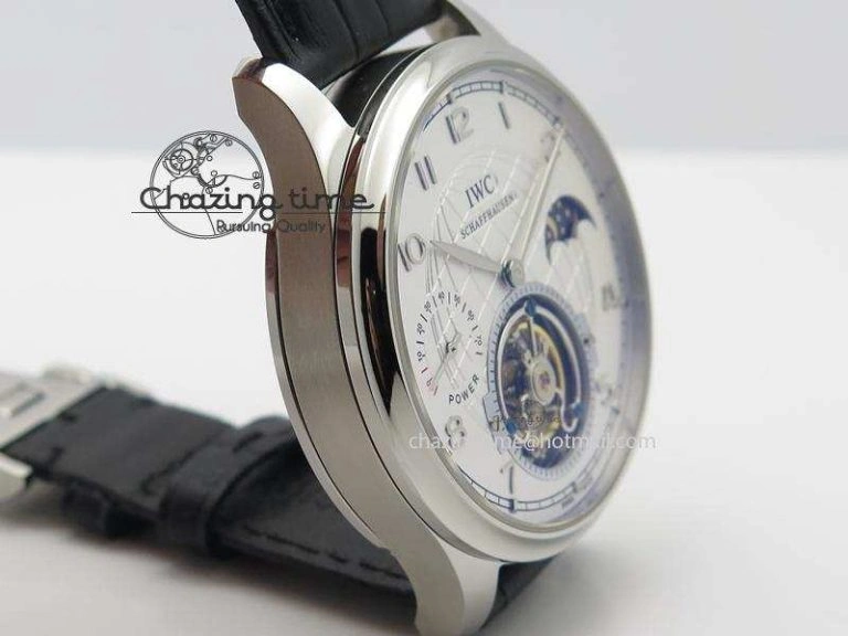 Portuguese Tourbillon Power Reserve Moonphase SS White Dial On Black Leather Strap Colorful 7318