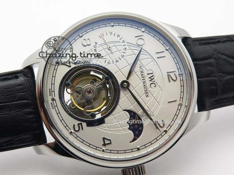 Portuguese Tourbillon Power Reserve Moonphase SS White Dial On Black Leather Strap Colorful 7318