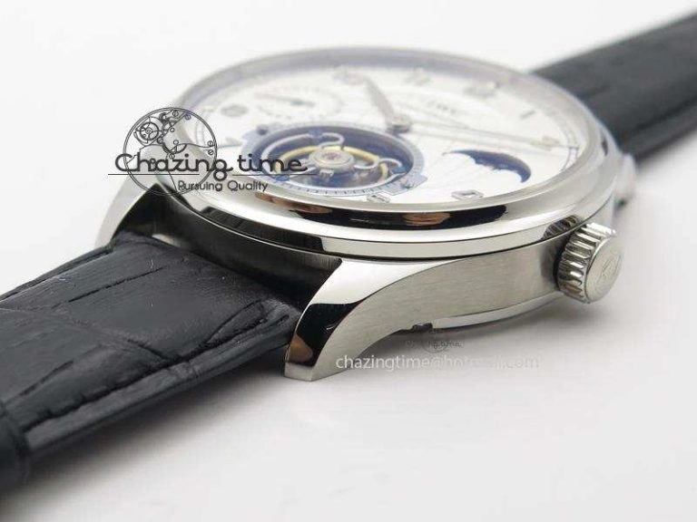Portuguese Tourbillon Power Reserve Moonphase SS White Dial On Black Leather Strap Colorful 7318