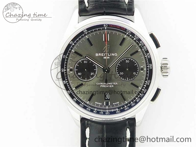 Attractive Premier B01 Chrono SS 42mm GF 1:1 Best Edition Gray Black Dial on Black Leather Strap A 5586