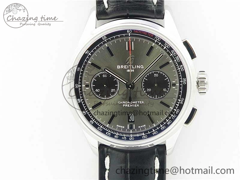 Attractive Premier B01 Chrono SS 42mm GF 1:1 Best Edition Gray Black Dial on Black Leather Strap A 5586
