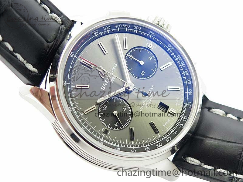 Attractive Premier B01 Chrono SS 42mm GF 1:1 Best Edition Gray Black Dial on Black Leather Strap A 5586