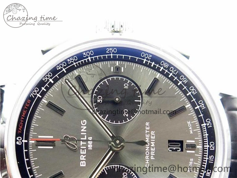 Attractive Premier B01 Chrono SS 42mm GF 1:1 Best Edition Gray Black Dial on Black Leather Strap A 5586