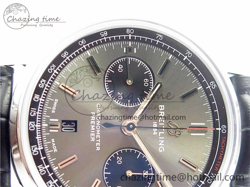 Attractive Premier B01 Chrono SS 42mm GF 1:1 Best Edition Gray Black Dial on Black Leather Strap A 5586