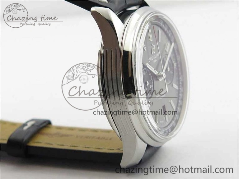 Attractive Premier B01 Chrono SS 42mm GF 1:1 Best Edition Gray Black Dial on Black Leather Strap A 5586