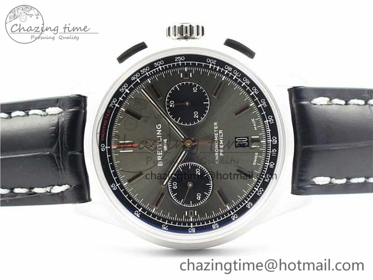 Attractive Premier B01 Chrono SS 42mm GF 1:1 Best Edition Gray Black Dial on Black Leather Strap A 5586