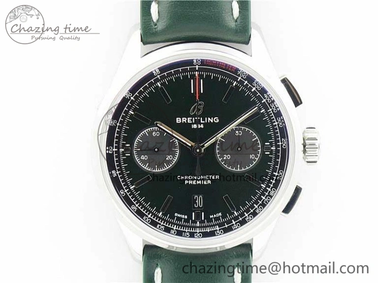Reliable Premier B01 Chrono SS 42mm GF 1:1 Best Edition Green Dial on Green Leather Strap A 5588