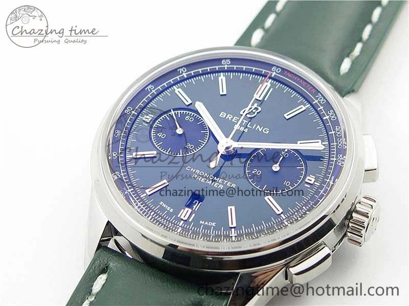 Reliable Premier B01 Chrono SS 42mm GF 1:1 Best Edition Green Dial on Green Leather Strap A 5588