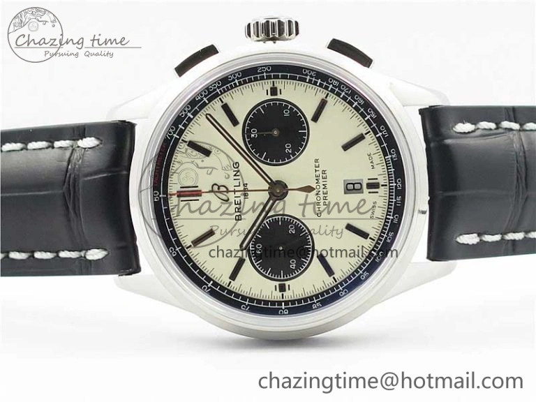 Sleek Premier B01 Chrono SS 42mm GF 1:1 Best Edition White Black Dial on Black Leather Strap A 5589