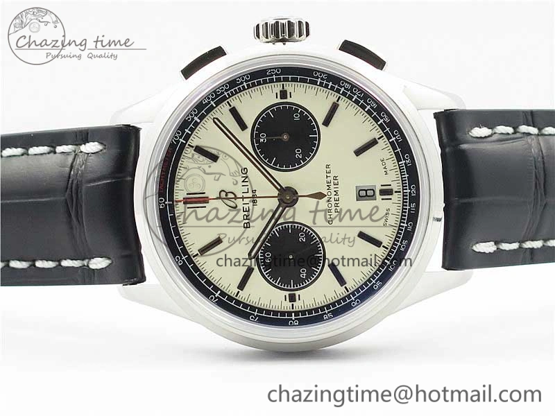 Sleek Premier B01 Chrono SS 42mm GF 1:1 Best Edition White Black Dial on Black Leather Strap A 5589