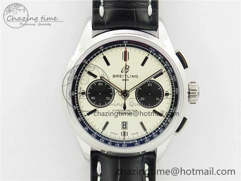 Sleek Premier B01 Chrono SS 42mm GF 1:1 Best Edition White Black Dial on Black Leather Strap A 5589