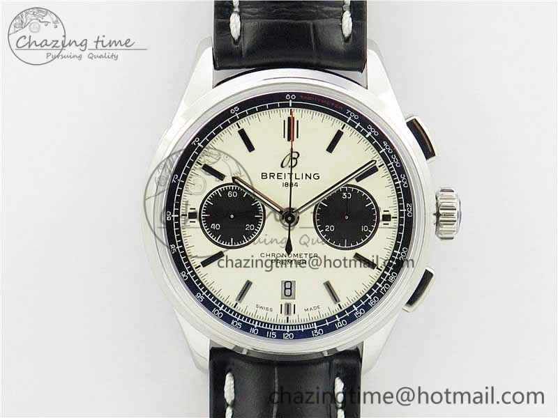 Sleek Premier B01 Chrono SS 42mm GF 1:1 Best Edition White Black Dial on Black Leather Strap A 5589