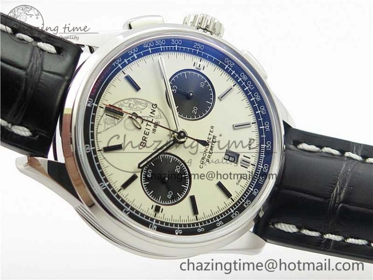 Sleek Premier B01 Chrono SS 42mm GF 1:1 Best Edition White Black Dial on Black Leather Strap A 5589