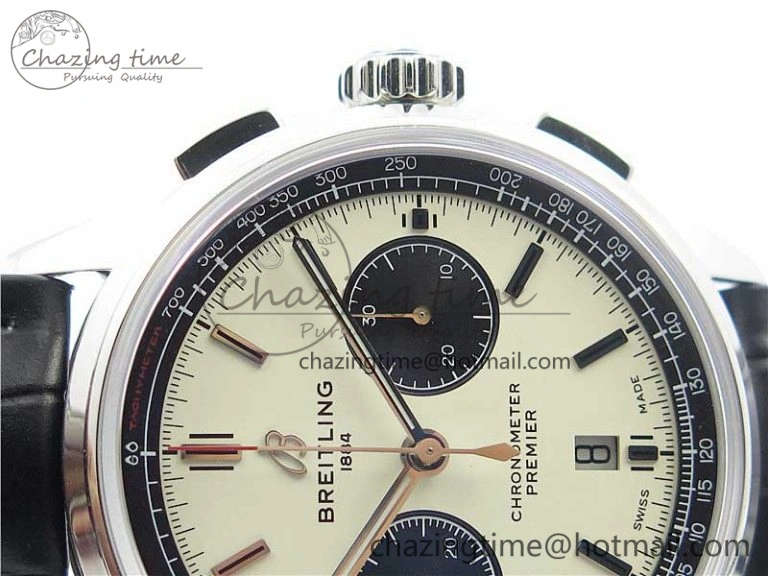 Sleek Premier B01 Chrono SS 42mm GF 1:1 Best Edition White Black Dial on Black Leather Strap A 5589