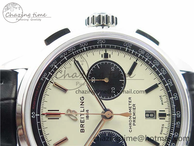 Sleek Premier B01 Chrono SS 42mm GF 1:1 Best Edition White Black Dial on Black Leather Strap A 5589