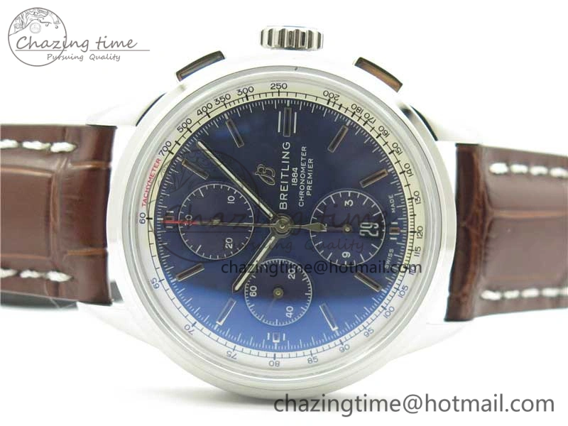 Premier Chronograph 42 BLS 1:1 Best Edition Blue Dial on Brown Leather Strap A EasyCare 5566