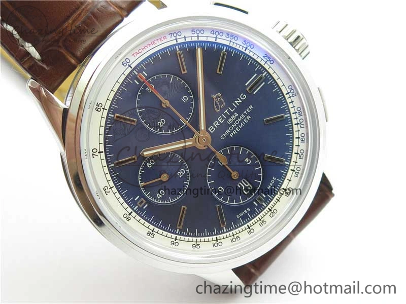 Premier Chronograph 42 BLS 1:1 Best Edition Blue Dial on Brown Leather Strap A EasyCare 5566