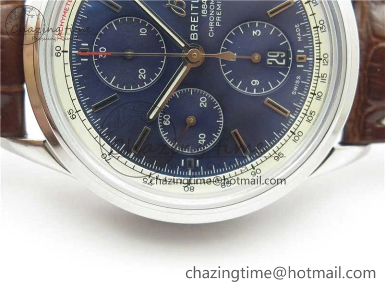 Premier Chronograph 42 BLS 1:1 Best Edition Blue Dial on Brown Leather Strap A EasyCare 5566