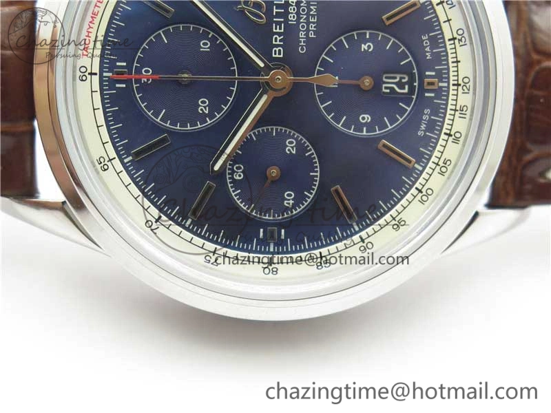 Premier Chronograph 42 BLS 1:1 Best Edition Blue Dial on Brown Leather Strap A EasyCare 5566