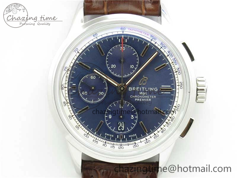 Premier Chronograph 42 BLS 1:1 Best Edition Blue Dial on Brown Leather Strap A EasyCare 5566
