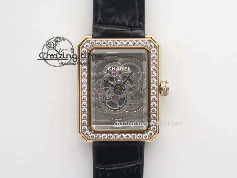 Premiere RG Camellia Silver Skeleton Dial Diamond Bezel On Black Leather Strap Reliable 6482