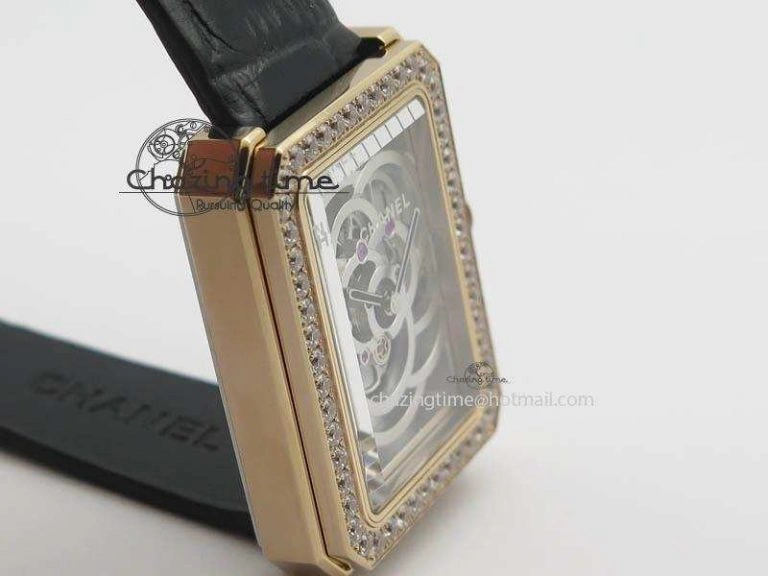 Premiere RG Camellia Silver Skeleton Dial Diamond Bezel On Black Leather Strap Reliable 6482