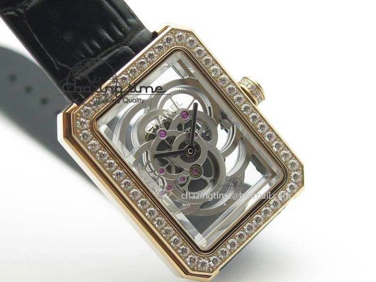 Premiere RG Camellia Silver Skeleton Dial Diamond Bezel On Black Leather Strap Reliable 6482