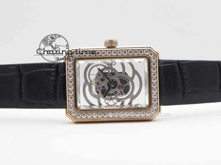 Premiere RG Camellia Silver Skeleton Dial Diamond Bezel On Black Leather Strap Reliable 6482