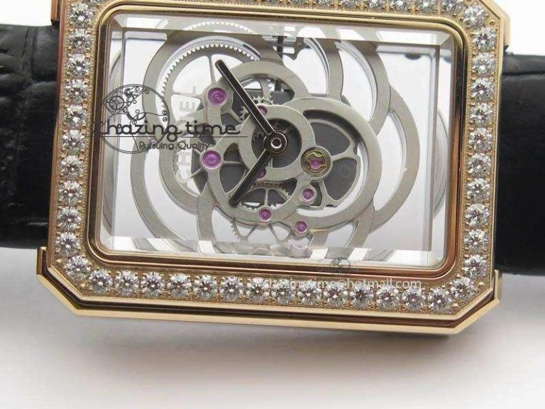 Premiere RG Camellia Silver Skeleton Dial Diamond Bezel On Black Leather Strap Reliable 6482