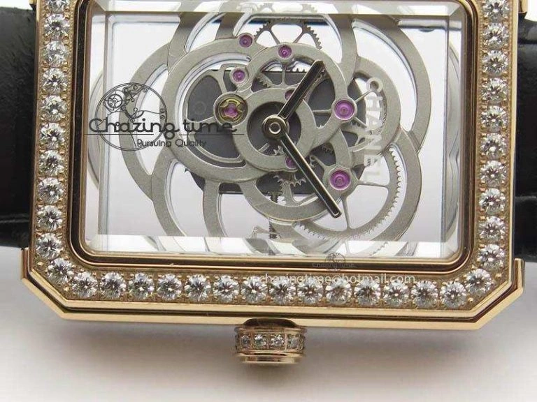 Premiere RG Camellia Silver Skeleton Dial Diamond Bezel On Black Leather Strap Reliable 6482