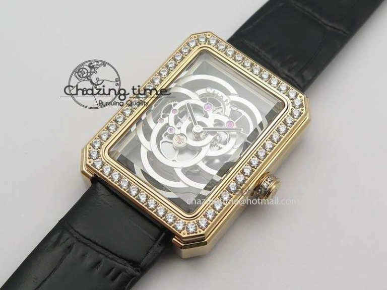 Premiere RG Camellia Silver Skeleton Dial Diamond Bezel On Black Leather Strap Reliable 6482