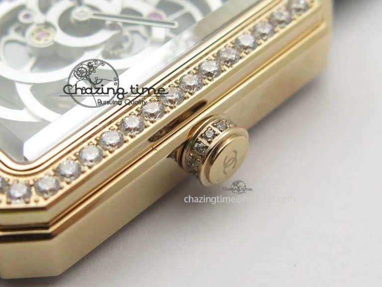 Premiere RG Camellia Silver Skeleton Dial Diamond Bezel On Black Leather Strap Reliable 6482