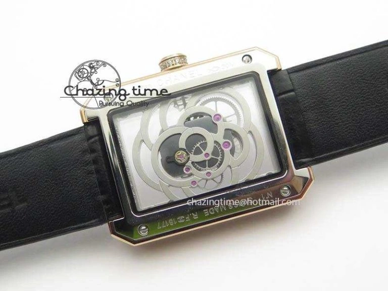 Premiere RG Camellia Silver Skeleton Dial Diamond Bezel On Black Leather Strap Reliable 6482