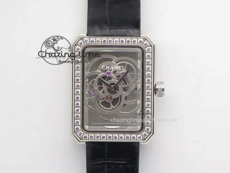 Premiere SS Camellia Silver Skeleton Dial Diamond Bezel On Black Leather Strap Upgraded 6481
