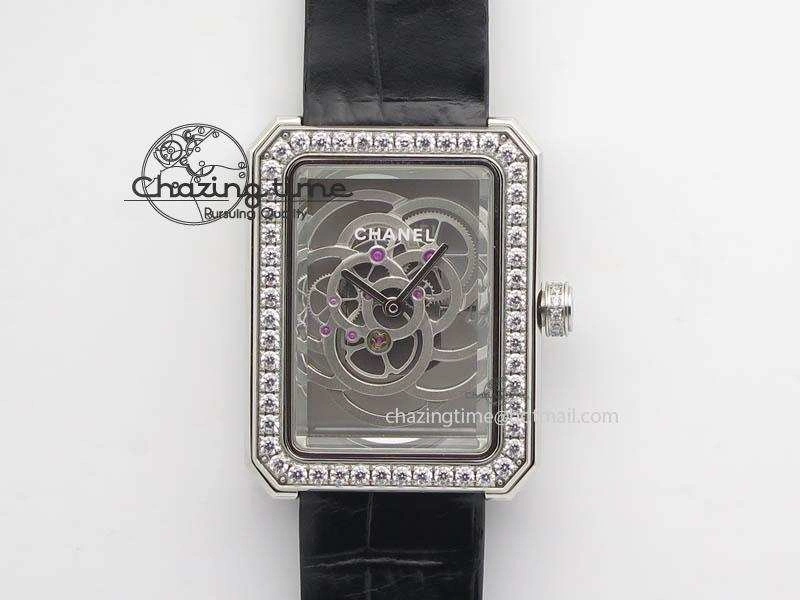 Premiere SS Camellia Silver Skeleton Dial Diamond Bezel On Black Leather Strap Upgraded 6481