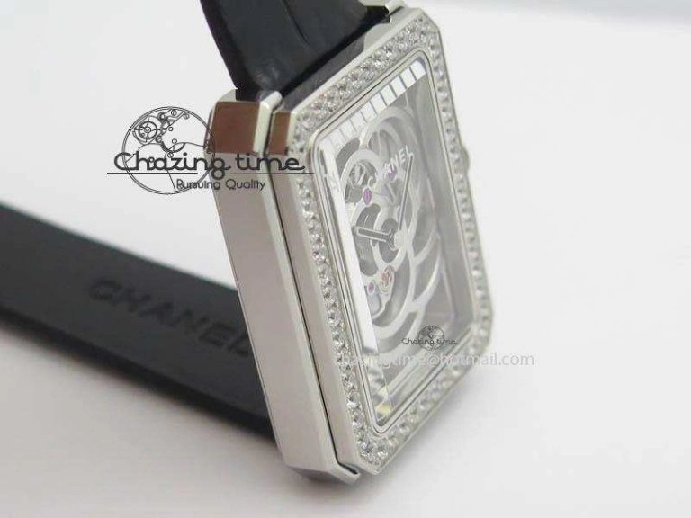 Premiere SS Camellia Silver Skeleton Dial Diamond Bezel On Black Leather Strap Upgraded 6481