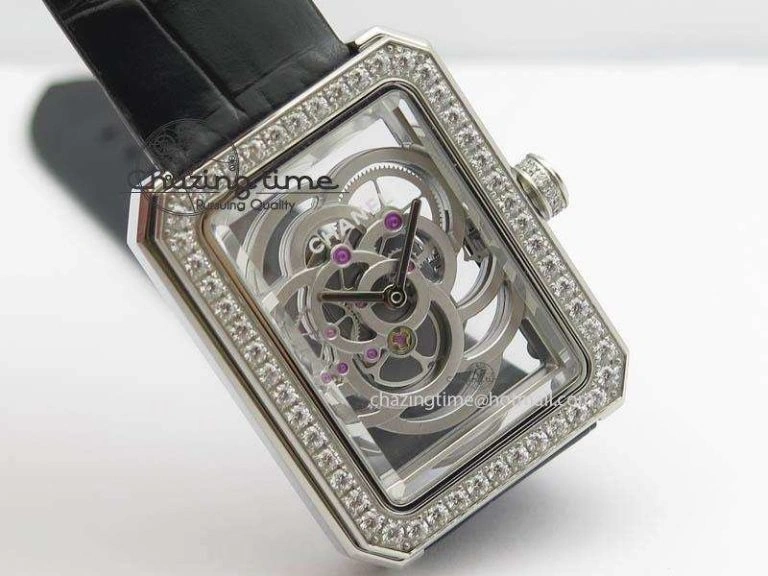 Premiere SS Camellia Silver Skeleton Dial Diamond Bezel On Black Leather Strap Upgraded 6481